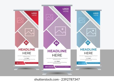 Red, purple, Blue, Abstract Shapes Modern Exhibition business vector roll up banner template.