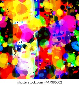 Red, purple, blue, green, yellow, white, black. Contrast abstract seamless vector background. Easy editing. Boxes, spots and stripes. Randomly mixed. The overlap, overlay, transparency.