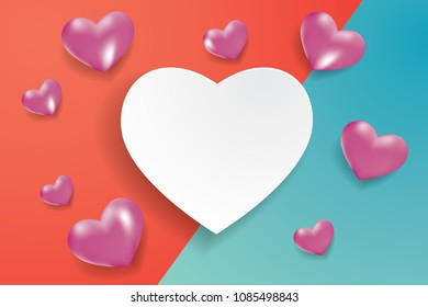 Red purple and blue greeting card template 3D hearts paper cut style poster blank design