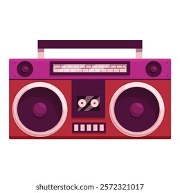 Red and purple boombox playing music with radio tuner and speakers, isolated on white background