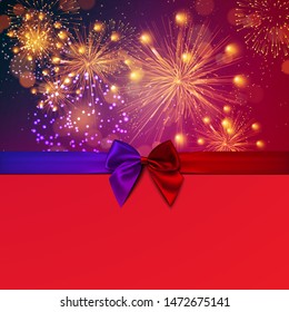 Red and purple bow. Postcard or invitation to the Christmas and New Year holidays. - Vector