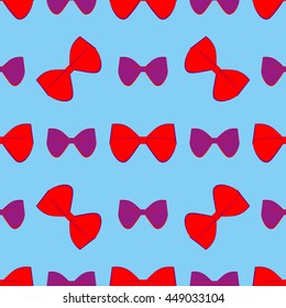 Red and purple bows geometric seamless pattern on blue background. Fashion and bright graphic design. Template for prints, textile, wrapping and decoration, wallpaper. Vector illustration