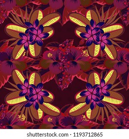Red, purple and brown Hibiscus seamless background. Aloha hawaiian shirt vector seamless pattern.