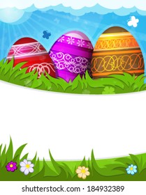 Red, purple and brown painted Easter eggs with abstract pattern  in the meadow