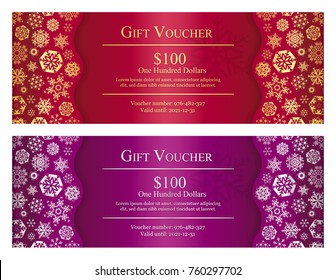 Red and purple Christmas gift card with gold and silver snowflakes