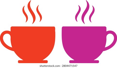 Red and purple coffee cup with rising steam cups mugs