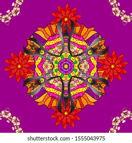 Red and purple colors. Vector ethnic mandalas, doodle background circles.