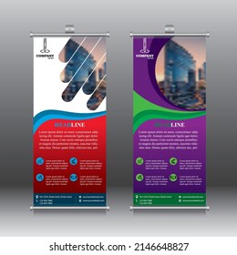 Red and purple colour abstract shapes business roll up. Standee design. Banner template. Presentation and exhibition brochure. Vector illustration.