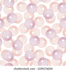 Red and purple concentric circles with dotted outline. Seamless geometric pattern on white background. Vector image