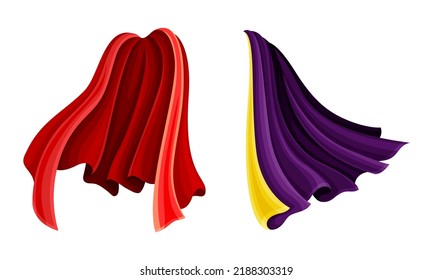 Red and purple flying capes set. Silk carnival cloak, costume for superhero or vampire cartoon vector illustration