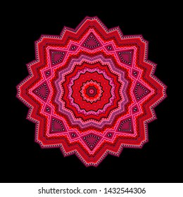 Red -purple geometric ornamental floral rosette - mandala on  dark background