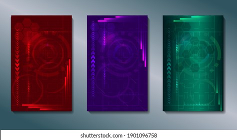 Red, purple and green abstract Technology backgrounds for industry, engineering or computer website, journal cover, card, ui design. Shiny neon vector elements (speed arrow, binary code, honeycomb)