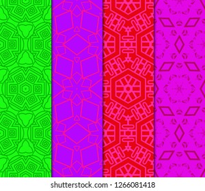 Red, purple, green color set of Abstract Vector Seamless Pattern With Abstract Geometric Style. Repeating Sample Figure And Line. For Fashion Interiors Design, Wallpaper, Textile Industry.
