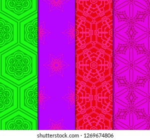 Red, purple, green color set of Abstract Vector Seamless Pattern With Abstract Geometric Style. Repeating Sample Figure And Line. For Fashion Interiors Design, Wallpaper, Textile Industry.