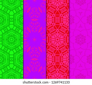 Red, purple, green color set of Abstract Vector Seamless Pattern With Abstract Geometric Style. Repeating Sample Figure And Line. For Fashion Interiors Design, Wallpaper, Textile Industry.