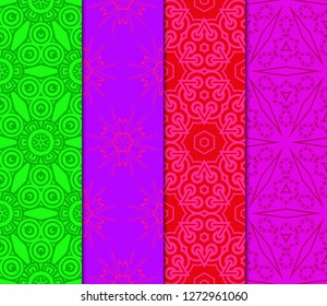 Red, purple, green color set of Abstract Vector Seamless Pattern With Abstract Geometric Style. Repeating Sample Figure And Line. For Fashion Interiors Design, Wallpaper, Textile Industry.