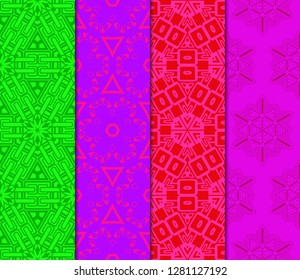 Red, purple, green color set of Abstract Vector Seamless Pattern With Abstract Geometric Style. Repeating Sample Figure And Line. For Fashion Interiors Design, Wallpaper, Textile Industry.