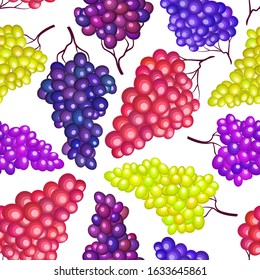 Red purple green grape branches vector seamless pattern. Wine fruit, grape vine stylized textile print design. Fresh juicy vegetarian organic food. Summer fluit pattern. 