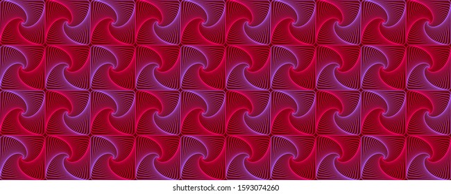 Red purple interlocking fractal tessellations geometric seamless pattern vector design. Fractal optical illusion abstract background with tiles. Interlocking geometric curve lines texture seamless.