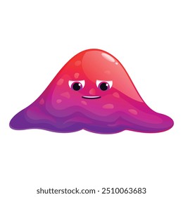 Red and purple jelly monster is smiling with half closed eyes