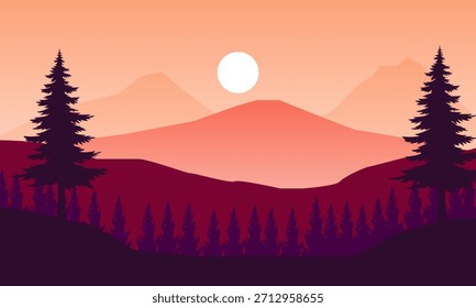 A red and purple landscape with pine trees and mountains at sunset. The image creates a peaceful and scenic view