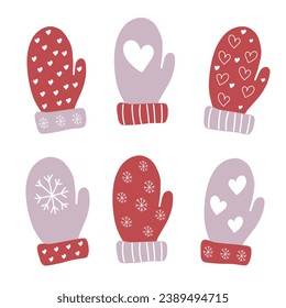 Red and purple mittens with a winter ornament in the style of Doodle and Minimalism