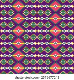 Red and purple native American, Navajo seamless vector pattern. Tribal Aztec background. Boho chic style. Design for textiles, wallpaper, sarees, rugs, curtains, and home decor.