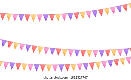 Red purple orange paper bunting party flags isolated on white background. Carnival garland with flags. Decorative party pennants for birthday celebration, festival decor. Colorful bunting flags.
