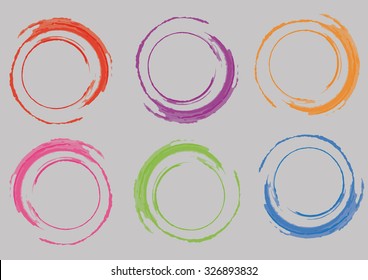Red, purple, orange, pink, green and blue - Six colored rings by watercolor on the gray backgroung