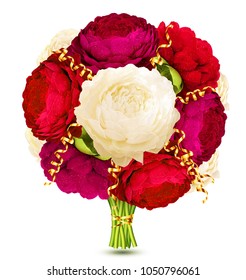 Red and purple peonies vector bride's bouquet with golden serpentine ribbons isolated on white background