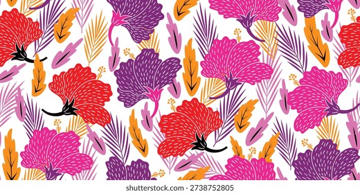 red purple and pink hibiscus pattern. Botanical Seamless pattern. Exotic Hibiscus. Motif Hawaiian for summer. Beautiful Lush floral, exotic colorful patterns white background. Lovely hibiscus flower.