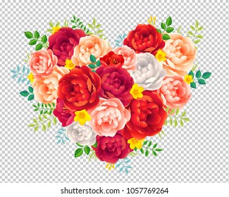 Red, purple, pink and white roses with leaves vector floral heart shape isolated on transparency grid background