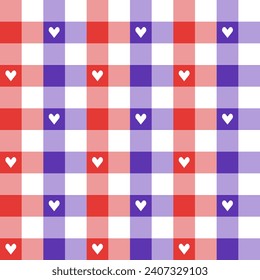 Red and purple plaid pattern with heart background. plaid pattern background. plaid background. Seamless pattern. for backdrop, decoration, gift wrapping, gingham tablecloth, blanket, tartan.