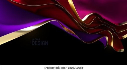 Red and purple streaming velvet fabric. Abstract background. Vector 3d illustration. Wavy layered textile with golden edges. Flowing silky cloth. Opening ceremony or anniversary decoration element.