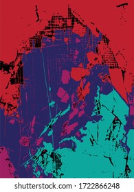 Vector rojo, violeta y turquesa. Textura distorsionada con grunge. Agujero en una pared.