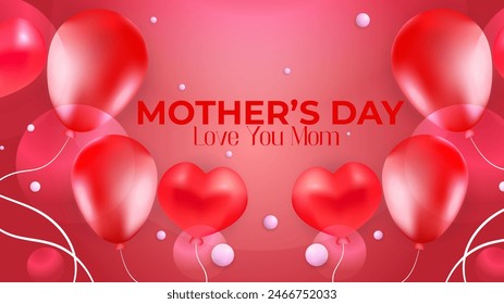 Red purple violet and white vector illustration mothers day background with heart shaped balloons. Happy mothers day event poster for greeting design template and mother's day celebration