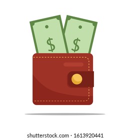 Red purse with green notes. Flat vector icon.