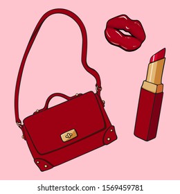 Red purse and lipstick fashion set. Women trendy look. Female accessories