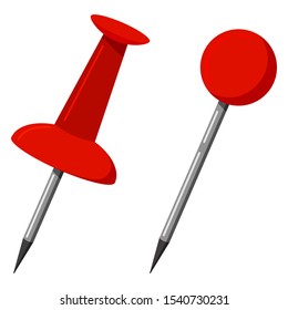 Red push office map pin markers icon set isolated on white background. Vector illustration of office attach button sign. Flat design push pin thumbtack close up.
