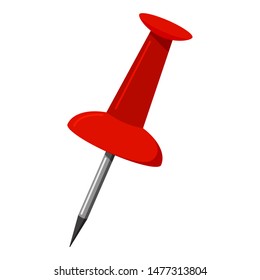 Red push office pin icon isolated on white background. Vector illustration of office attach button sign. Flat design push pin thumbtack close up.