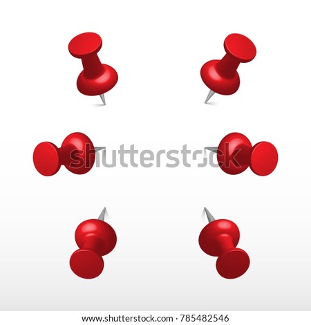 Red push office pin. Push pin. Set vector realistic office attach button.