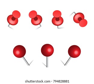 Red push office pin vector realistic office attach button. Push pin Thumbtack Top view. 3d push pin