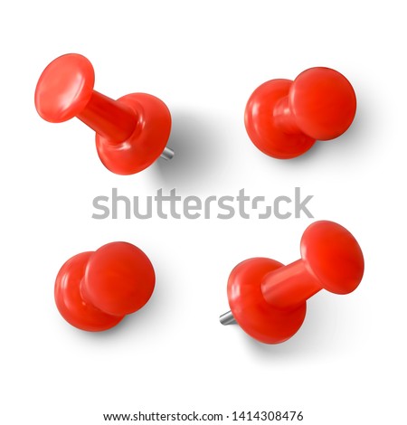 Red push pin 3D. Realistic red paperclip with shadow. Vector illustration isolated on white background