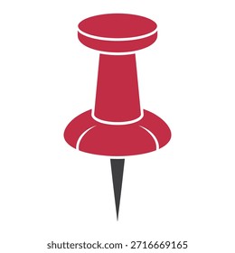 Red push pin icon illustration isolated on white background, flat vector design for location marking, office supplies, maps and navigation concept