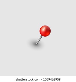 Red push pin rendered on grey background. Vector.