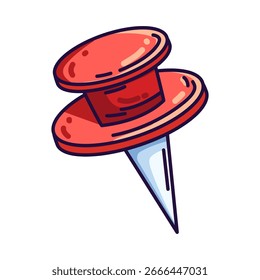 Pino de pressão vermelho com ponta metálica afiada. Estilo de desenhos animados com contornos arrojados — ideal para material de escritório, material escolar, quadros de avisos, mapas, organização e temas de design de produtividade.