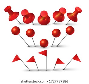 Red push pin. Red thumbtack for cork board pushing paper note. Dot shape and flag pin symbol isolated on white background.