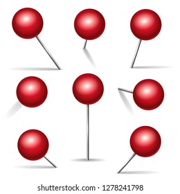 Red push pin. Vector 3d pins with metal angles and round heads for notice board, pushpin icons isolated on white background