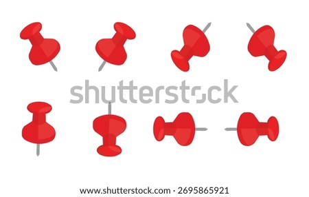 Red push pins set in different angles. Realistic vector illustration of office thumbtacks isolated on white background.