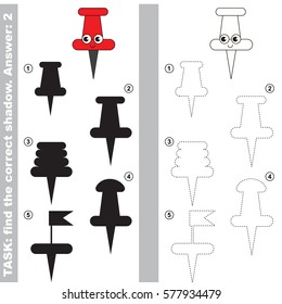 Red Pushpin with different shadows to find the correct one, compare and connect object with it true shadow, the educational kid game with simple gaming level.